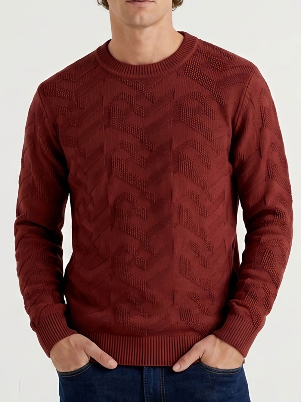 MATINIQUE Triton Cotton Chevron Crew Neck Sweater - Rust Red - Men's XL